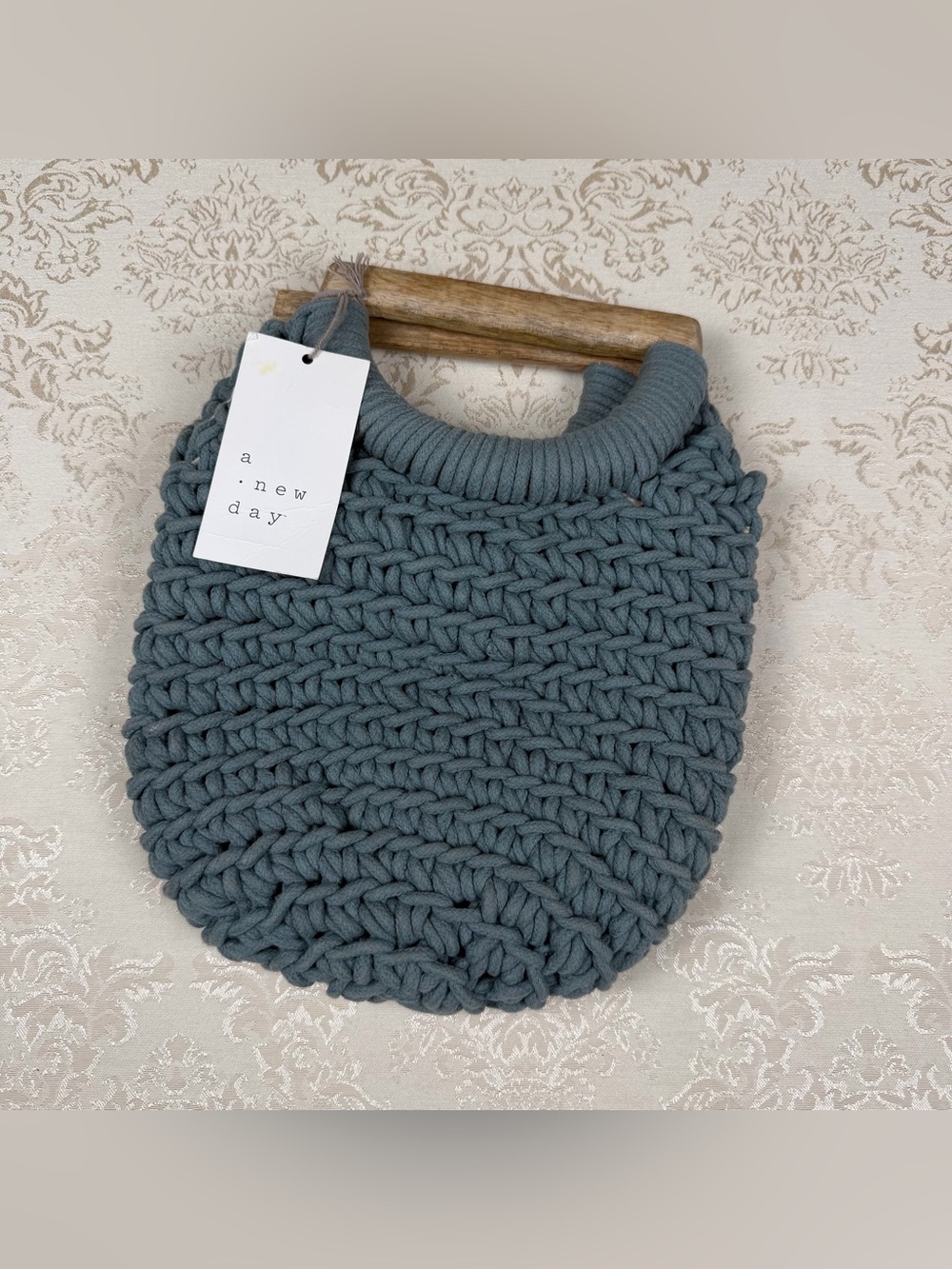 Target A New Day Chunky Knit Wooden Handle Handbag in Slate Blue NWT